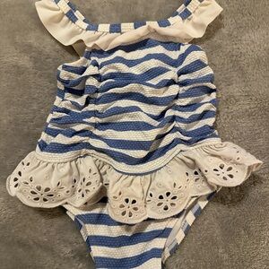 Janie and Jack Blue and Cream Striped One-Piece Swim Baby Girl - 6-12 Months